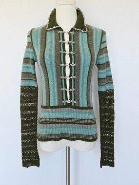 IISLI New York 100% Cashmere Sequined Beaded Sweater Long Sleeve Stripe Green